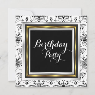 Invitation Elégante Damask Anniversaire Party Gold Black Whit