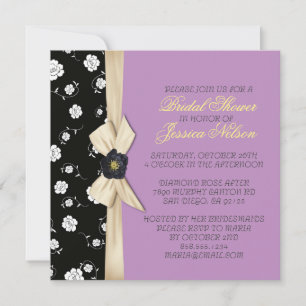 Invitation Elégante Damask crème Ruban violet Fête des mariée