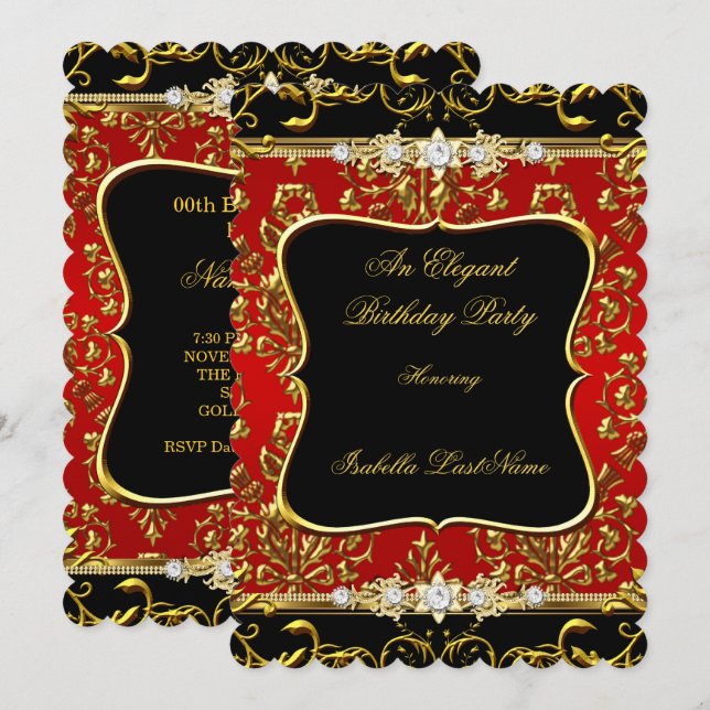 Invitation Elégante Damask Rouge Black Gold fête d'anniversai (Devant / Derrière)