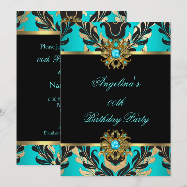 Invitation Elégante Damask Turquoise Blue Gold Black Annivers (Devant / Derrière)