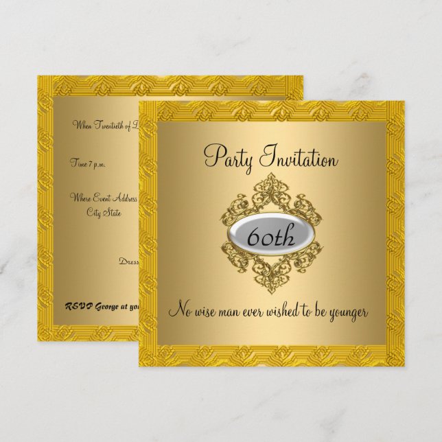 Invitation élégante d'anniversaire 60 ans en or (Devant / Derrière)