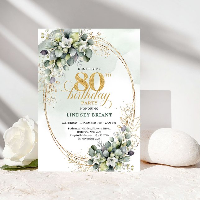 Invitation élégante d'anniversaire 80 ans à motif  (Elegant Eucalyptus Botanical 80th Birthday Invite)