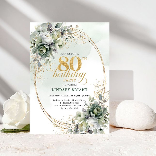 Invitation élégante d'anniversaire 80 ans en or Bo (Elegant Botanical Gold 80th Birthday Invitation)