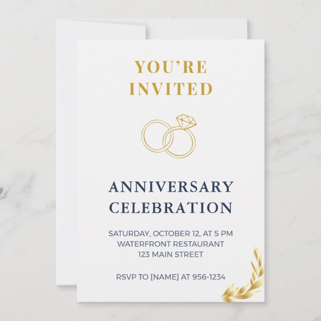 Invitation élégante d'anniversaire de mariage or e (Devant)