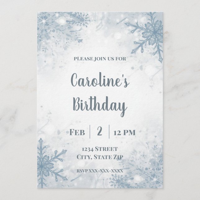 Invitation élégante d'anniversaire d'hiver – Floco (Devant)