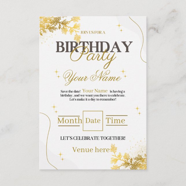 Invitation élégante d'anniversaire en or et blanc (Devant)