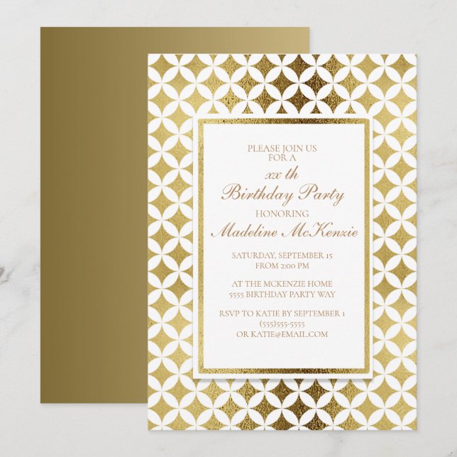 Invitation élégante d'anniversaire en or et blanc (Devant / Derrière)
