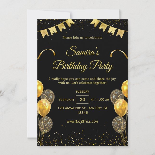Invitation élégante d'anniversaire noir et or (Devant)