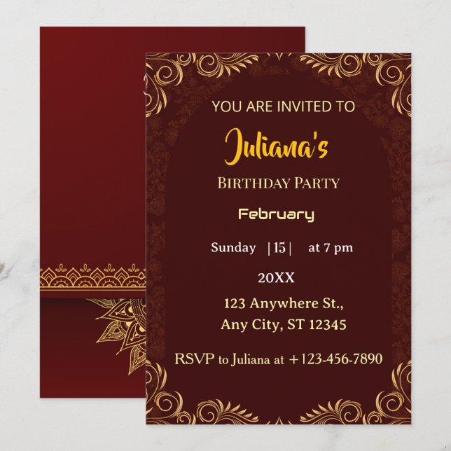 Invitation élégante d'anniversaire royale or rouge (Devant / Derrière)