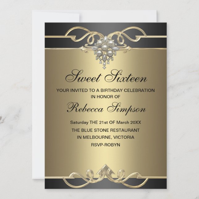 Invitation élégante de 16 ans avec perle dorée pou (Devant)