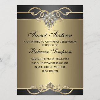 Invitation élégante de 16 ans avec perle dorée pou
