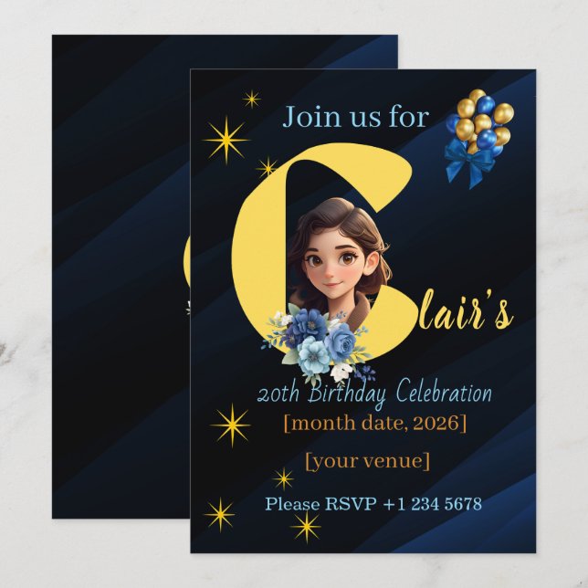 Invitation élégante de 20e anniversaire bleu royal (Devant / Derrière)