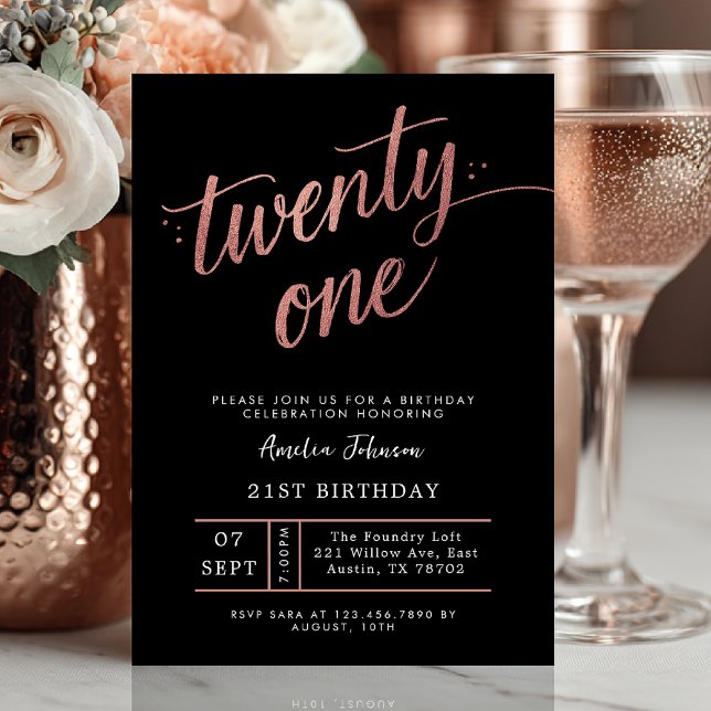 Invitation élégante de 21e anniversaire en noir et (rose gold twenty one birthday invite)