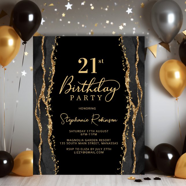 Invitation élégante de 21e anniversaire noir et or (Créateur téléchargé)