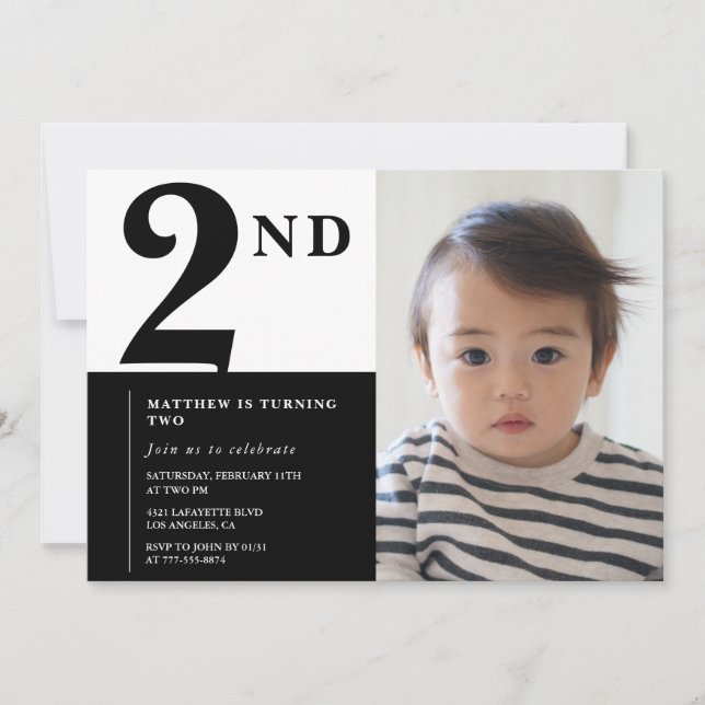 Invitation élégante de 2e anniversaire Black Chic  (Devant)