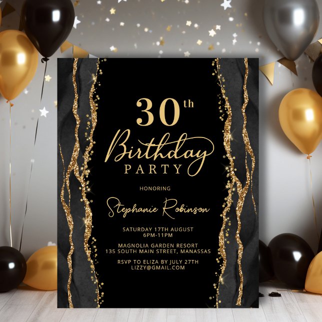 Invitation élégante de 30e anniversaire noir et or (Créateur téléchargé)