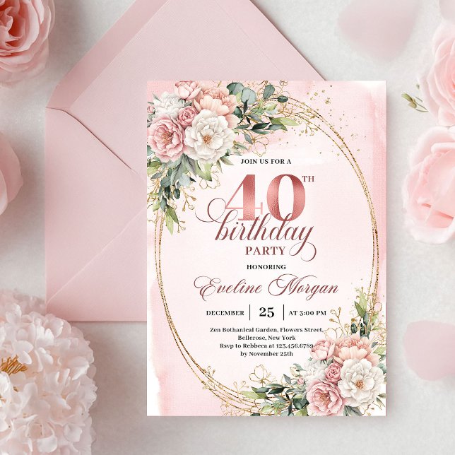 Invitation élégante de 40e anniversaire Boho Blush (Elegant Boho Blush Floral 40th Birthday Invitation)