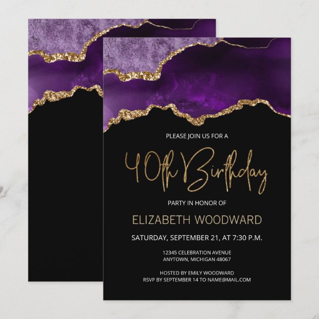 Invitation élégante de 40e anniversaire en agate v (Devant / Derrière)