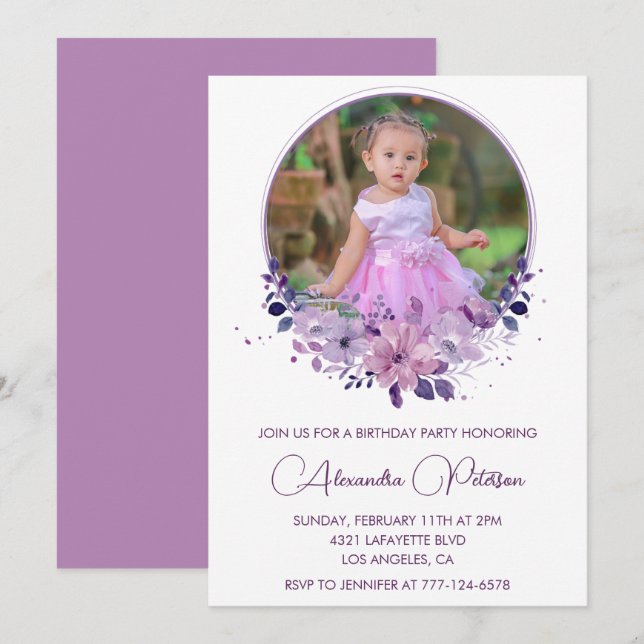 Invitation élégante de 4e anniversaire Photo Flora (Devant / Derrière)