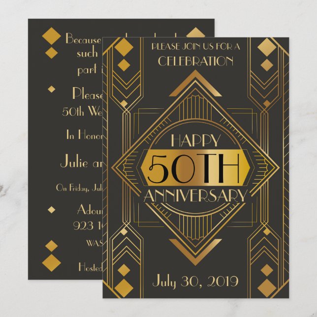 Invitation élégante de 50e anniversaire Art Déco (Devant / Derrière)