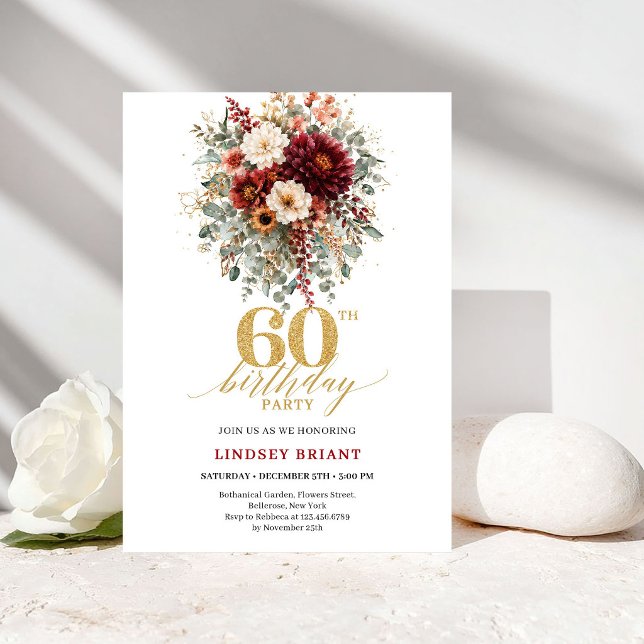 Invitation élégante de 60e anniversaire Stylish Ma (Stylish Marsala Gold Autumn 60th Birthday Invite

)