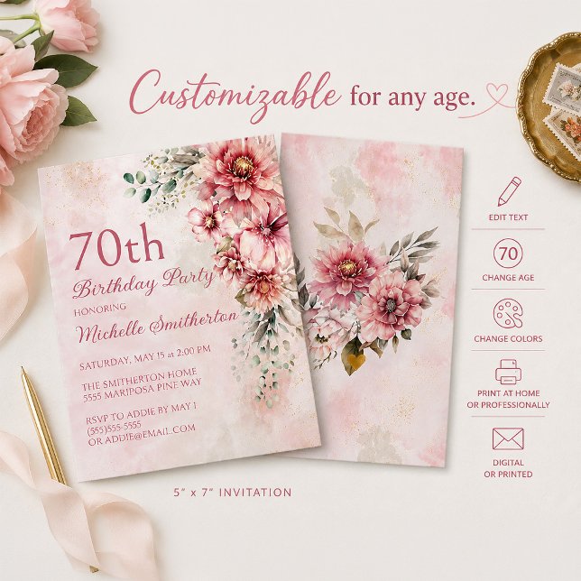 Invitation élégante de 70e anniversaire aux fleurs (Pink floral 70th birthday invitation)