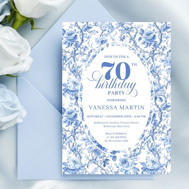 Invitation élégante de 70e anniversaire aux roses  (Navy Roses Floral Elegant 70th Birthday Invitation)