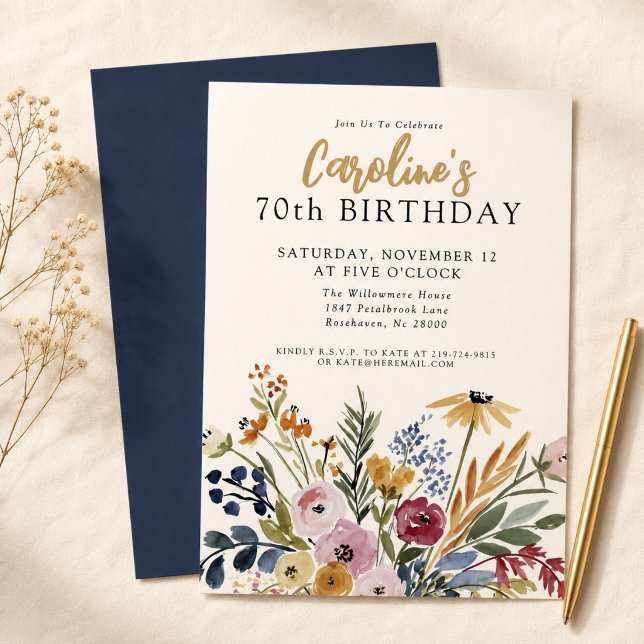 Invitation élégante de 70e anniversaire avec fleur (Featuring delicate hand-painted autumn blooms in warm, rich hues.)