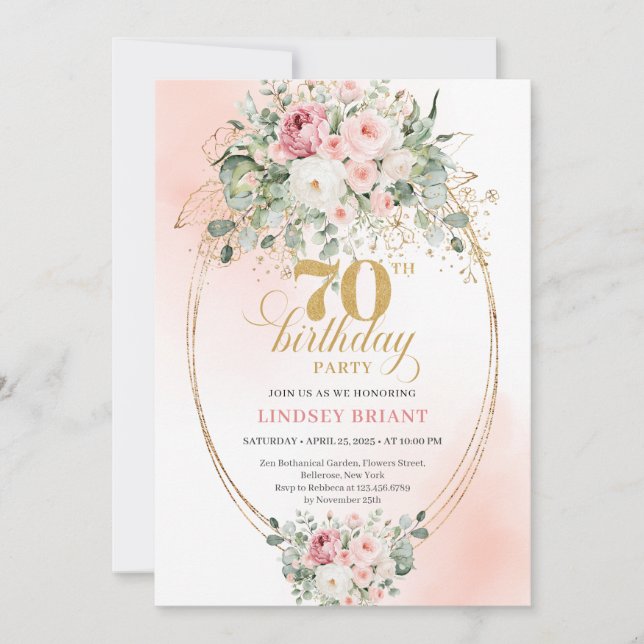 Invitation élégante de 70e anniversaire rose et or (Devant)