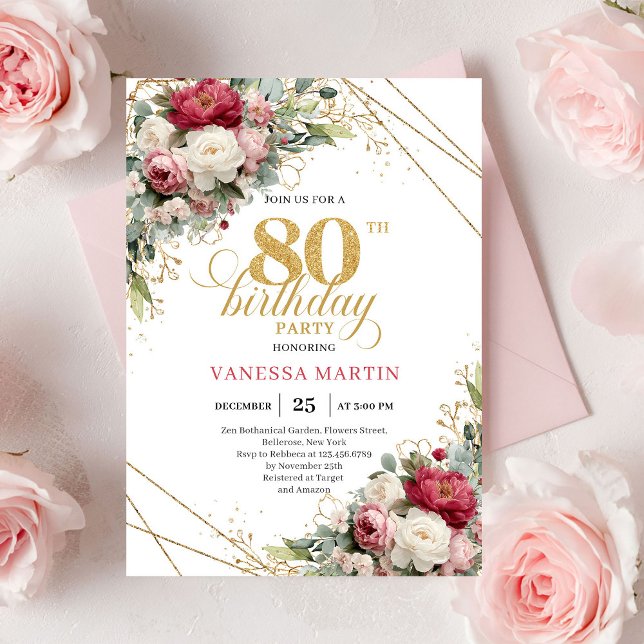 Invitation élégante de 80 ans d'anniversaire aux f (Burgundy blush floral elegant 80th birthday invitation gold

)