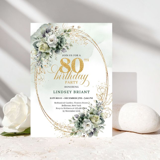 Invitation élégante de 80e anniversaire à la botan (Elegant Botanical Greenery 80th Birthday Invite)