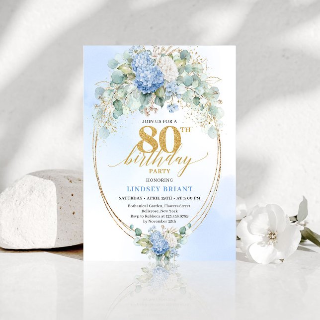 Invitation élégante de 80e anniversaire aux fleurs (Elegant Blue Hydrangea Floral 80th Birthday Invite)