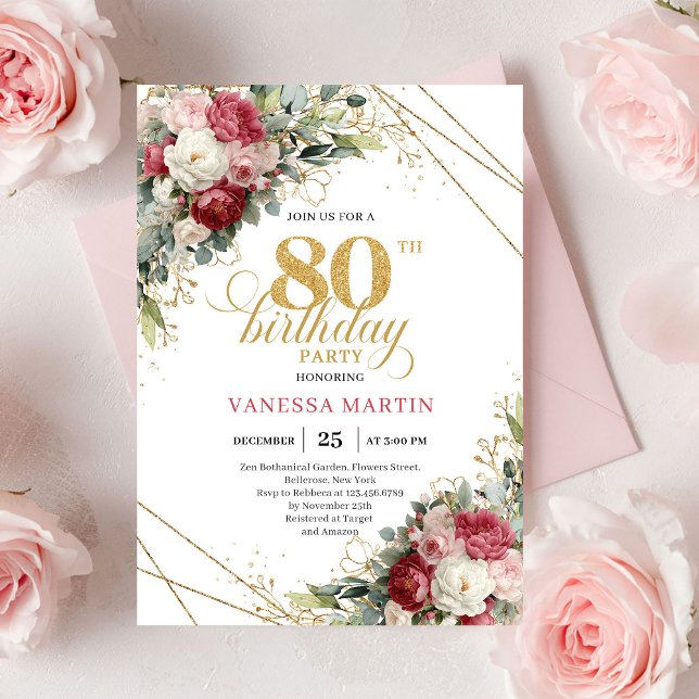 Invitation élégante de 80e anniversaire aux fleurs (Elegant Red Blush Floral 80th Birthday Invite)