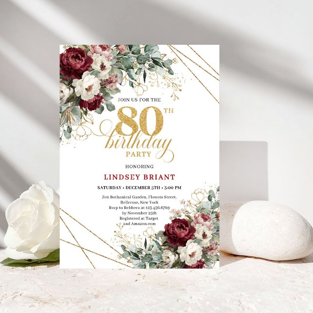 Invitation élégante de 80e anniversaire aux fleurs (Elegant Deep Red Floral 80th Birthday)