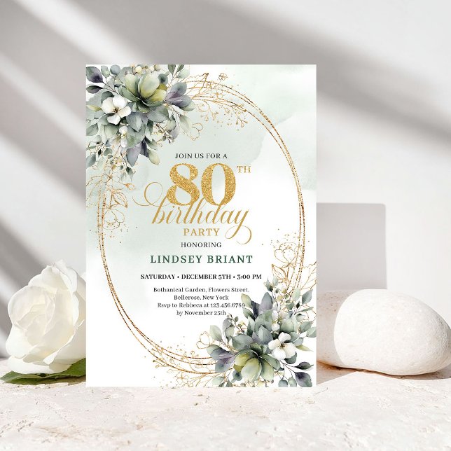 Invitation élégante de 80e anniversaire Bohème ver (Elegant Bohemian Greenery 80th Birthday Invite)