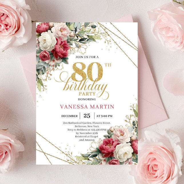Invitation élégante de 80e anniversaire en blanc e (Elegant Burgundy White Gold 80th Birthday Invite)