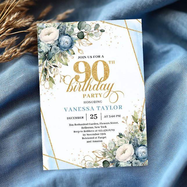 Invitation élégante de 90 ans avec fleurs bleues p (Elegant dusty blue blooms 90th birthday invite design)