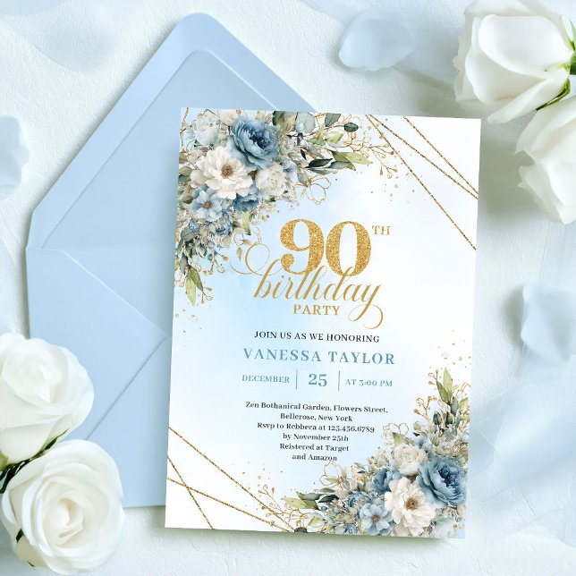 Invitation élégante de 90e anniversaire à motif bo (Elegant Dusty Blue Botanical 90th Birthday Invite

)