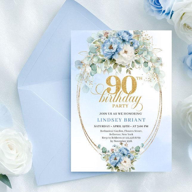 Invitation élégante de 90e anniversaire aux fleurs (Elegant Boho Blue Floral 90th Birthday Invitation)