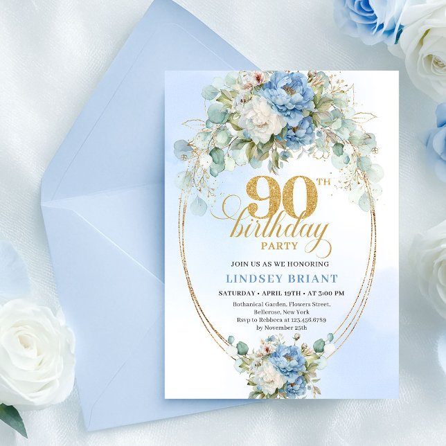 Invitation élégante de 90e anniversaire avec pivoi (Elegant Blue Peonies 90th Birthday Invitation Gold)