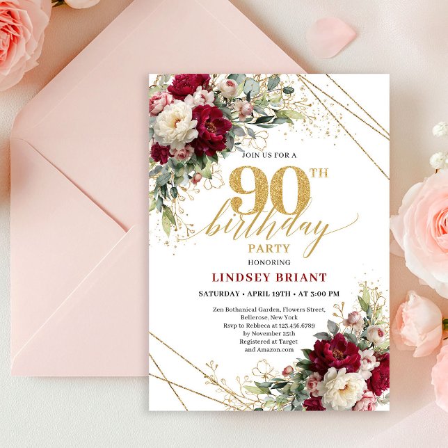 Invitation élégante de 90e anniversaire Merlot Ros (Elegant Merlot Rose Gold 90th Birthday Invite)