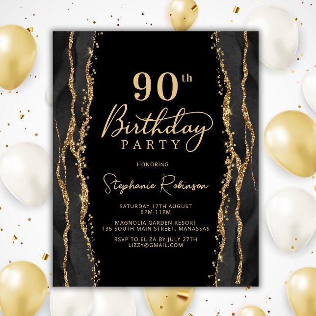 Invitation élégante de 90e anniversaire noir et or (Créateur téléchargé)