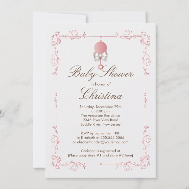 Invitation élégante de baby shower de fille de (Devant)