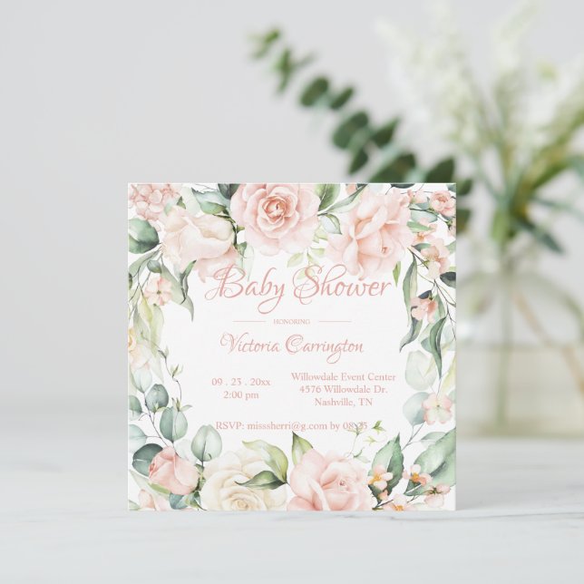 Invitation élégante de Baby shower Floral rose (Debout devant)