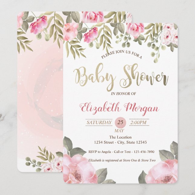 Invitation élégante de baby shower florale à l'aqu (Devant / Derrière)