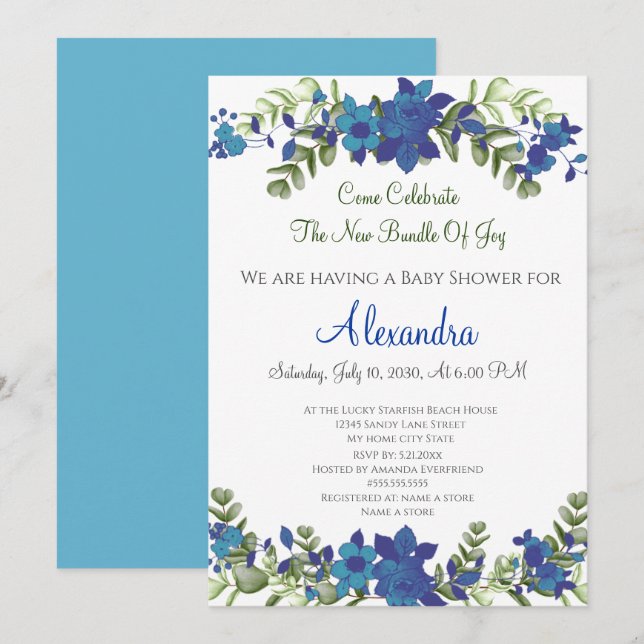 Invitation élégante de baby shower florale à l'euc (Devant / Derrière)