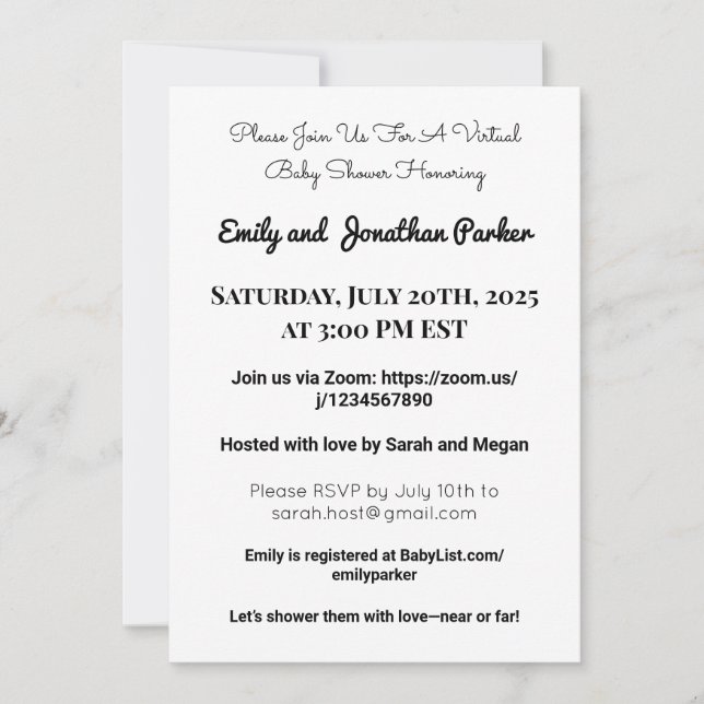 Invitation Élégante de Baby shower virtuel (Devant)