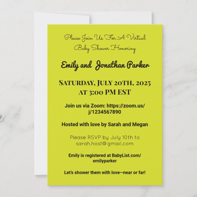 Invitation Élégante de Baby shower virtuel (Devant)