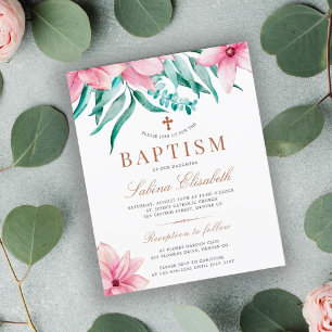 Invitation élégante de baptême à fleurs roses et b