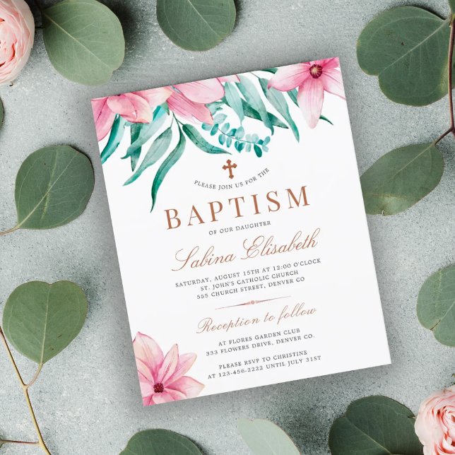 Invitation élégante de baptême à fleurs roses et b (Créateur téléchargé)